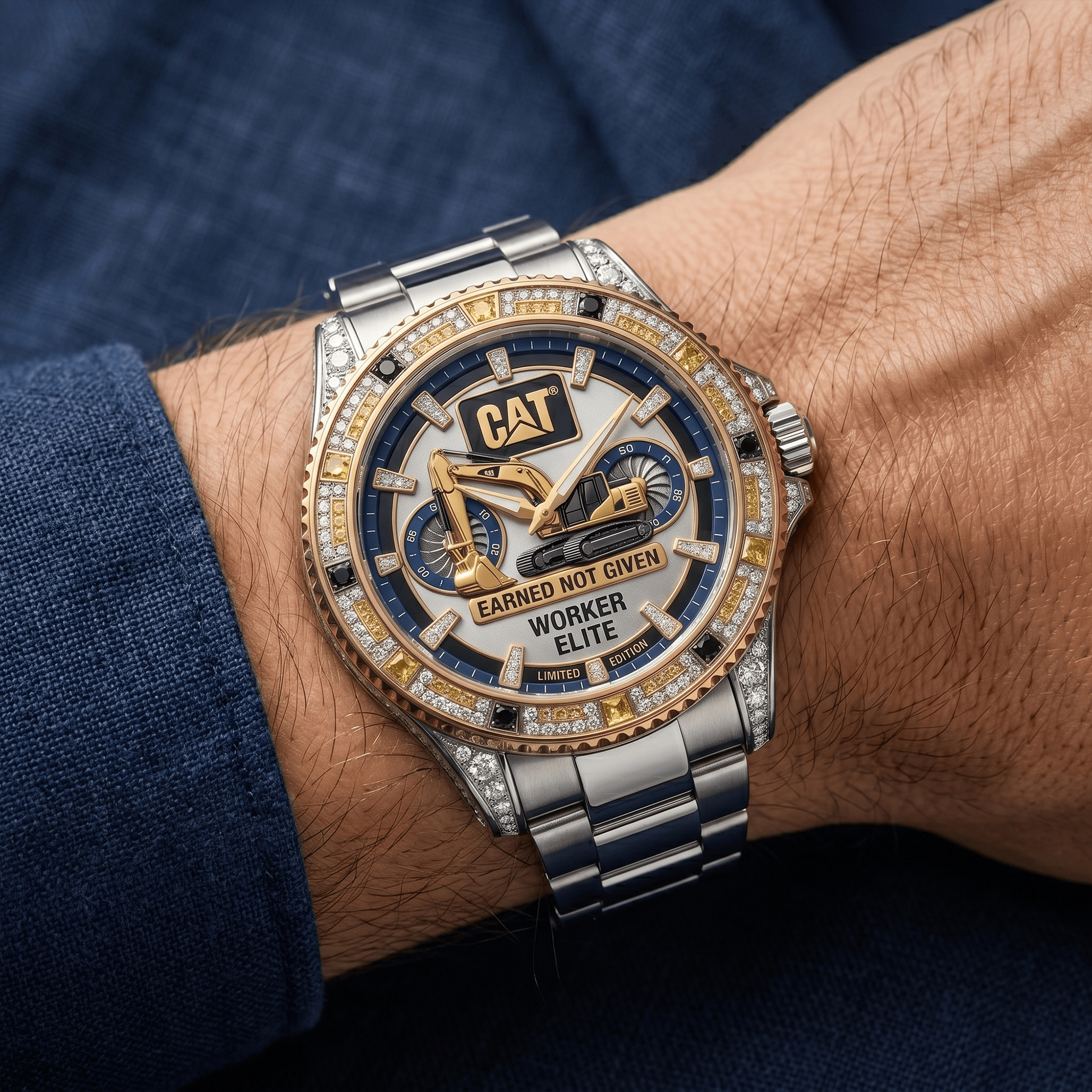 Montre Argentée avec Cristaux Jaunes - Édition Caterpillar