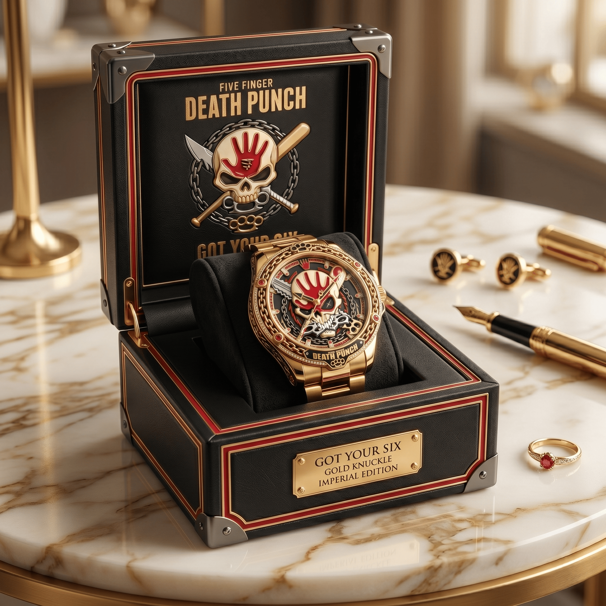 Montre de Luxe Dorée Tête de Mort - Édition Five Finger Death Punch