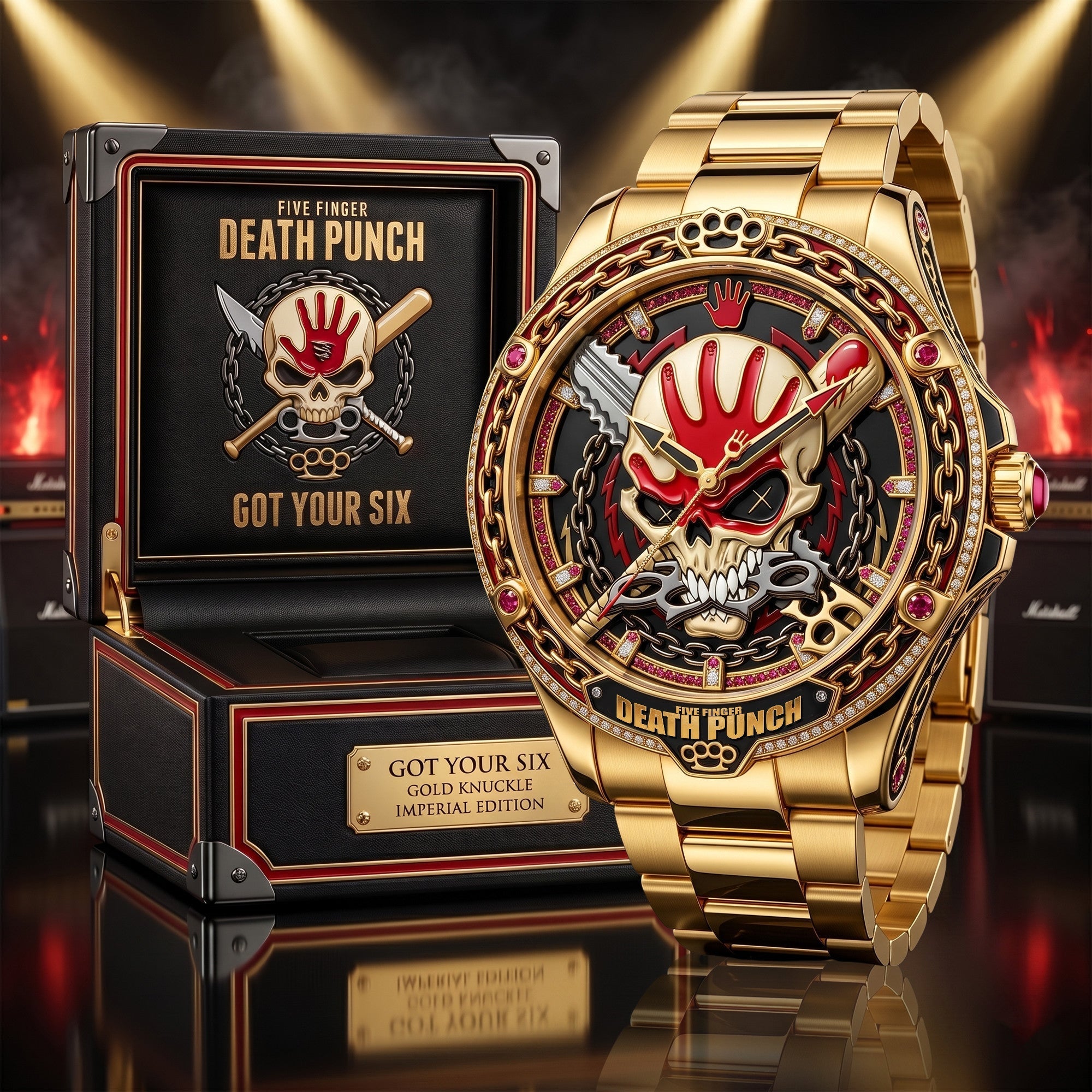 Montre de Luxe Dorée Tête de Mort - Édition Five Finger Death Punch