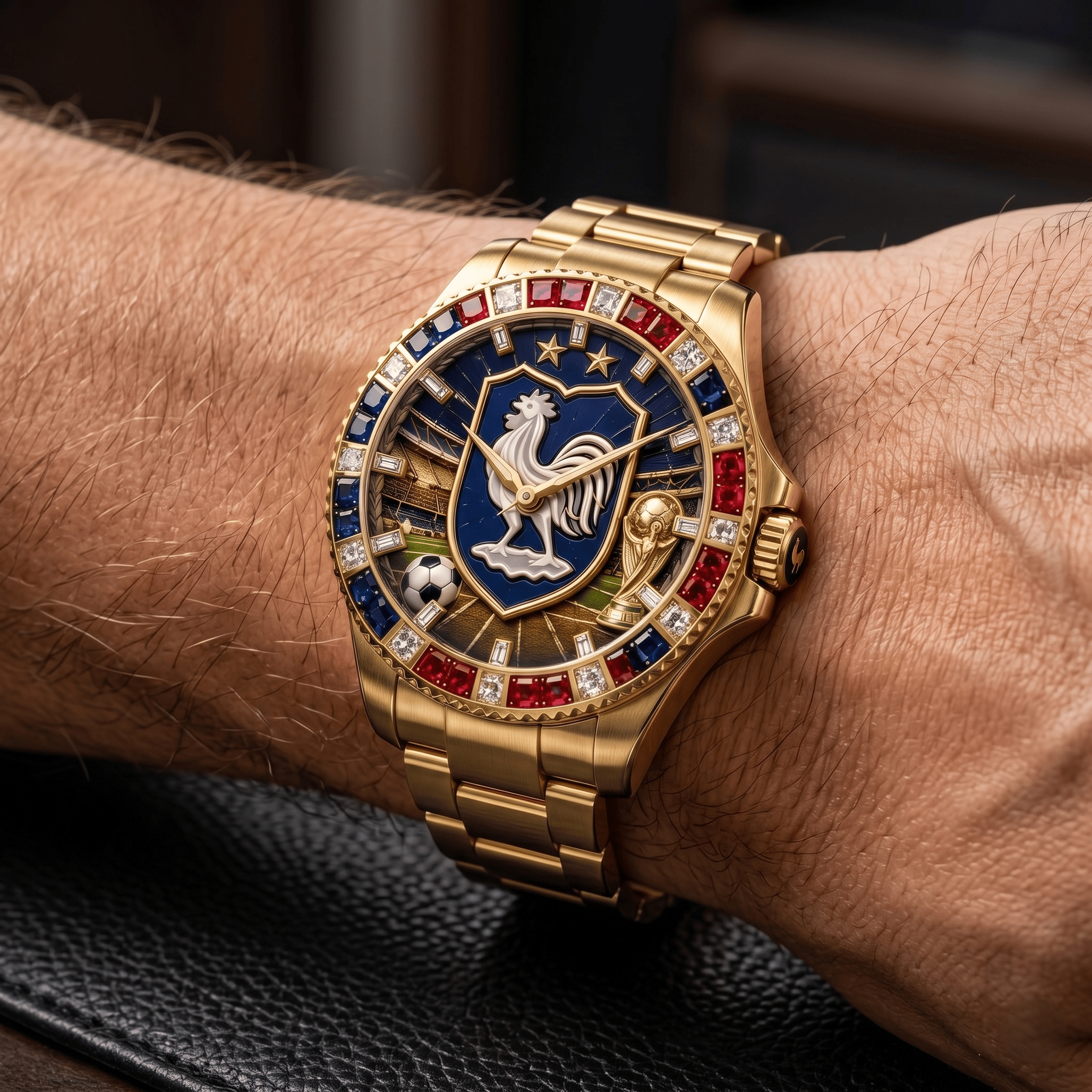 Montre de Luxe Dorée avec Rubis & Saphirs - Édition France Coupe du Monde 2026