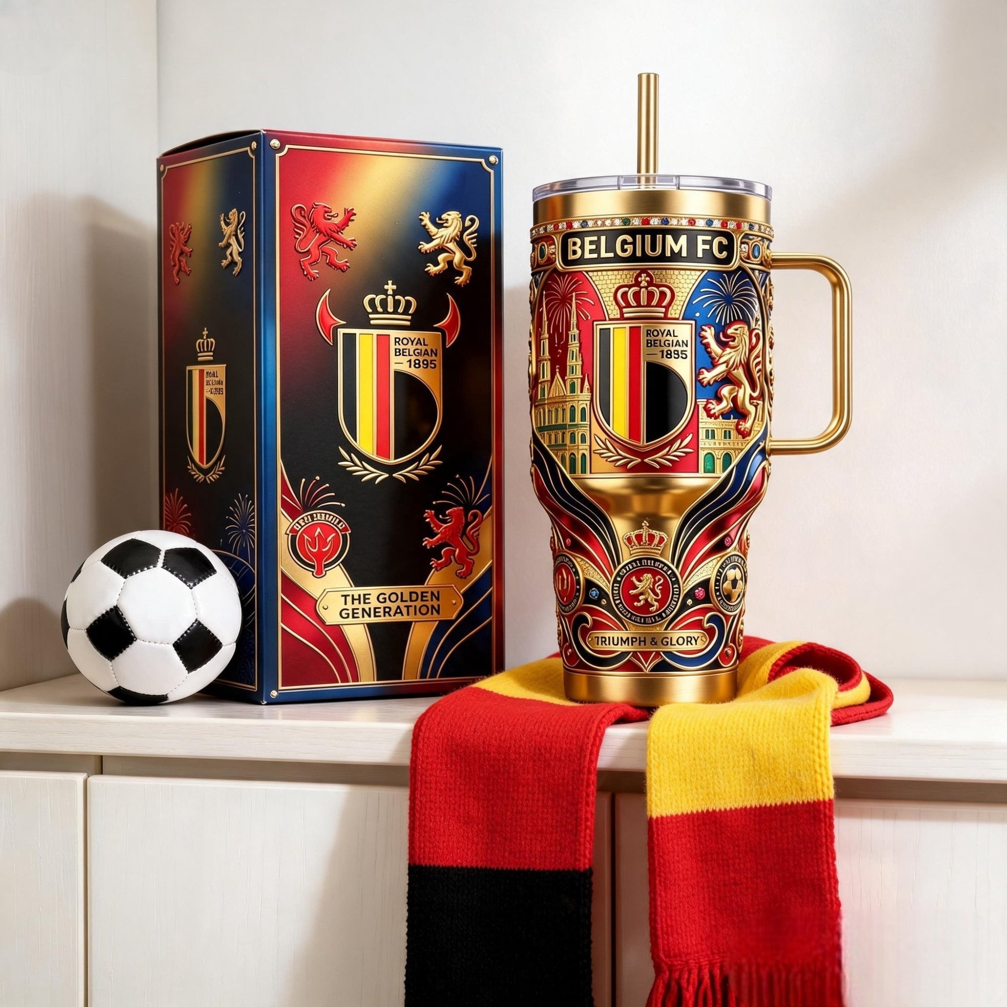 Gobelet Isotherme Doré avec Paille - Édition Belgique Coupe du Monde 2026