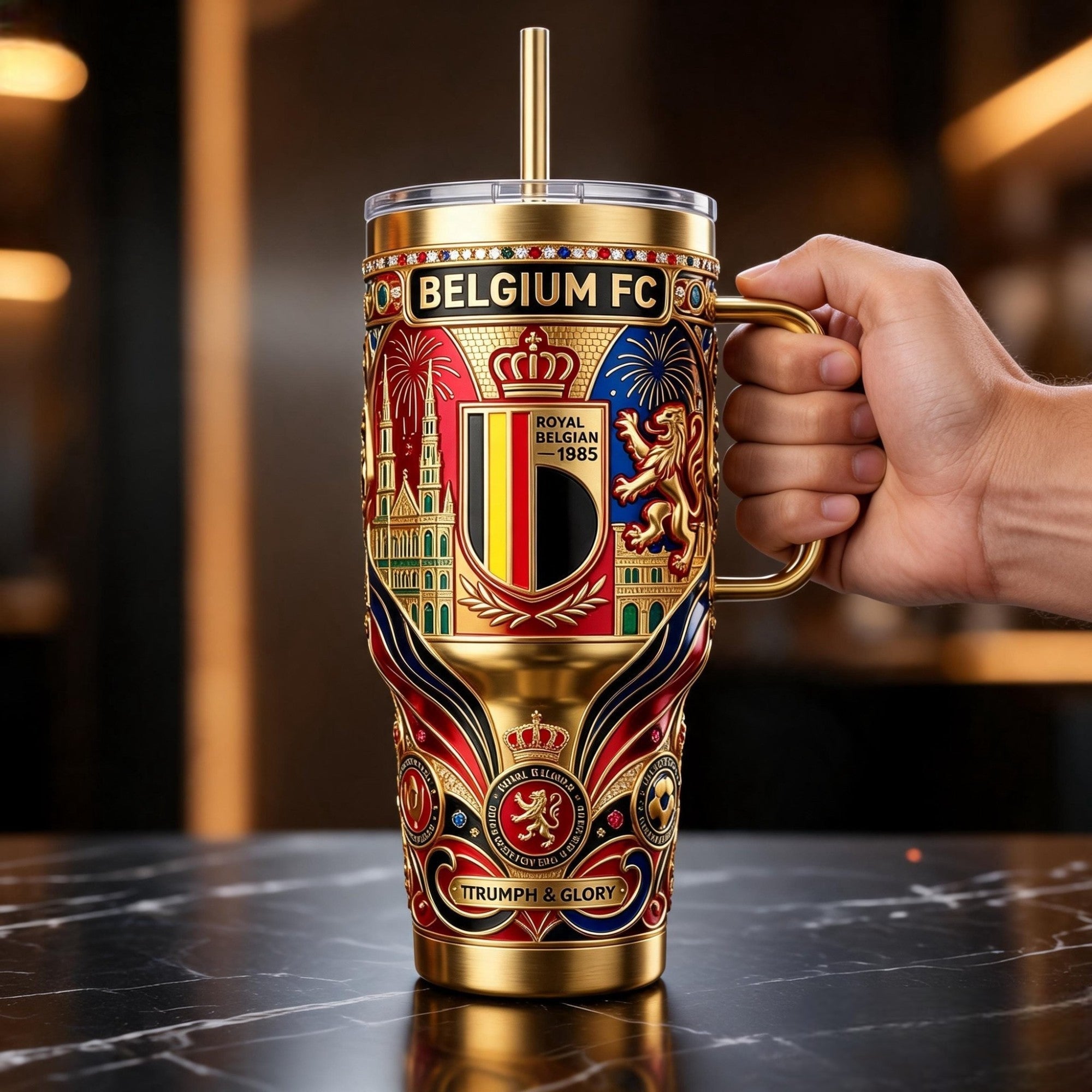 Gobelet Isotherme Doré avec Paille - Édition Belgique Coupe du Monde 2026