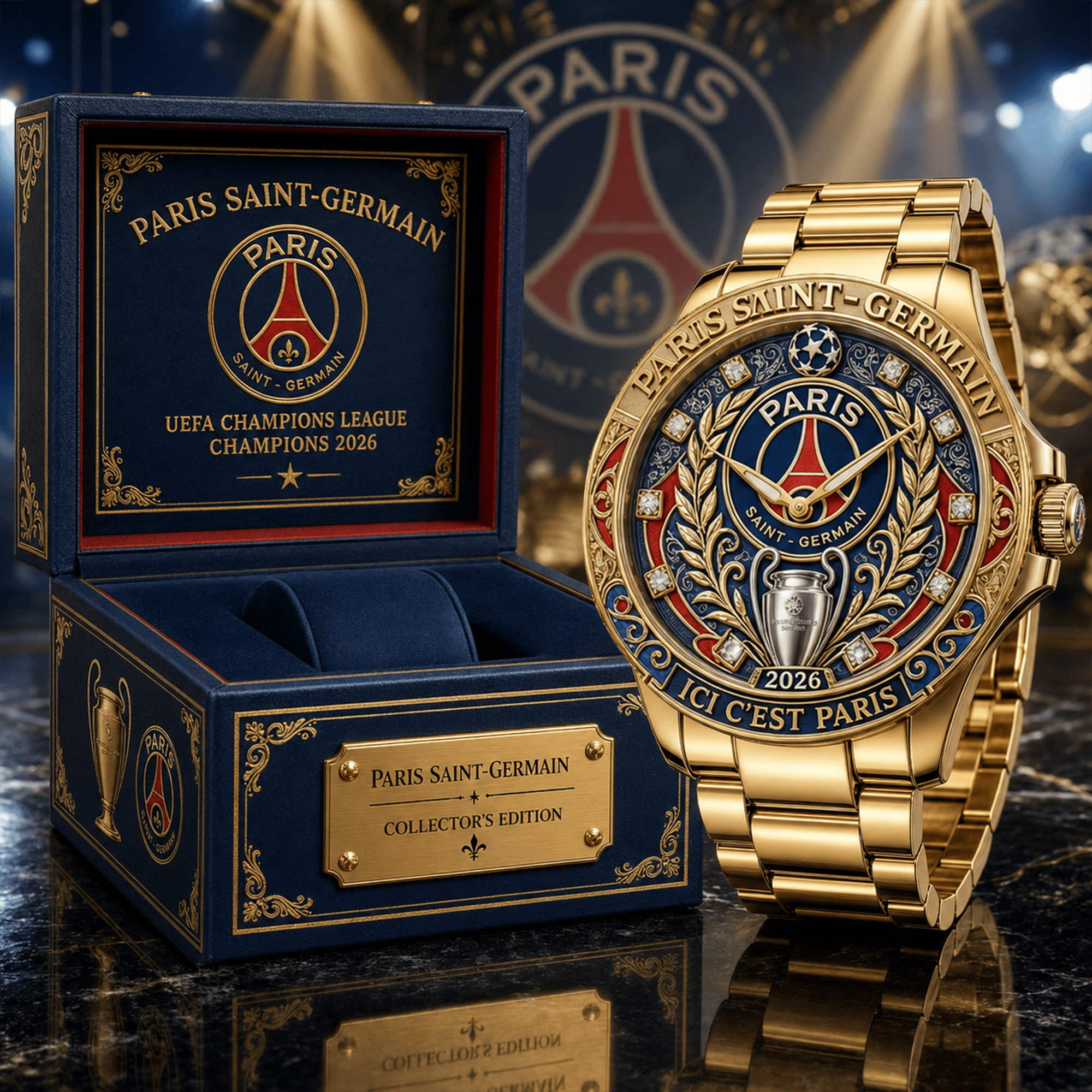 Montre de Luxe Dorée avec Diamants - Édition PSG Champion 2026