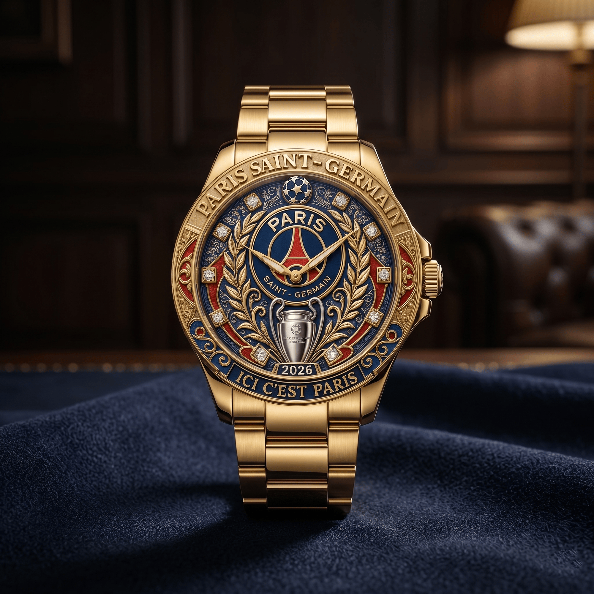 Montre de Luxe Dorée avec Diamants - Édition PSG Champion 2026