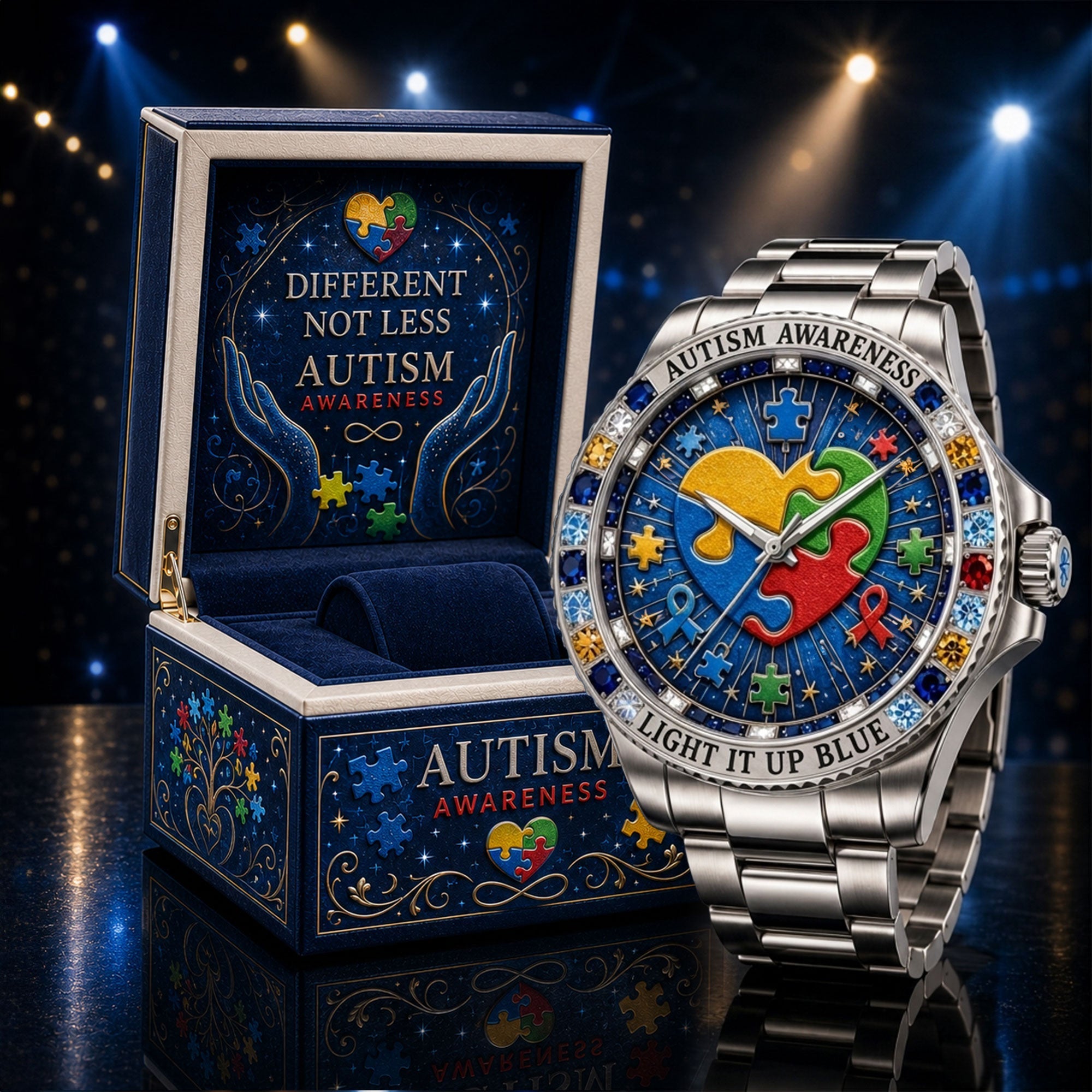 Montre Argentée Cœur Puzzle Multicolore - Édition Sensibilisation à l'Autisme
