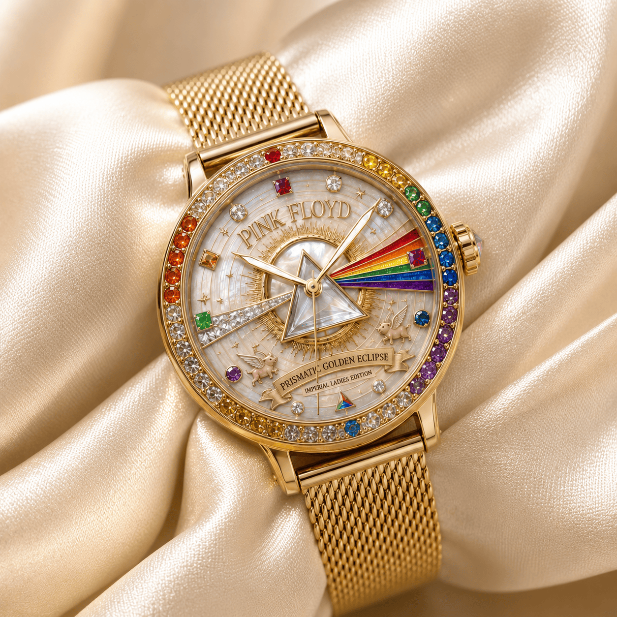 Montre Femme Dorée avec Cristaux Arc-en-Ciel - Édition Pink Floyd