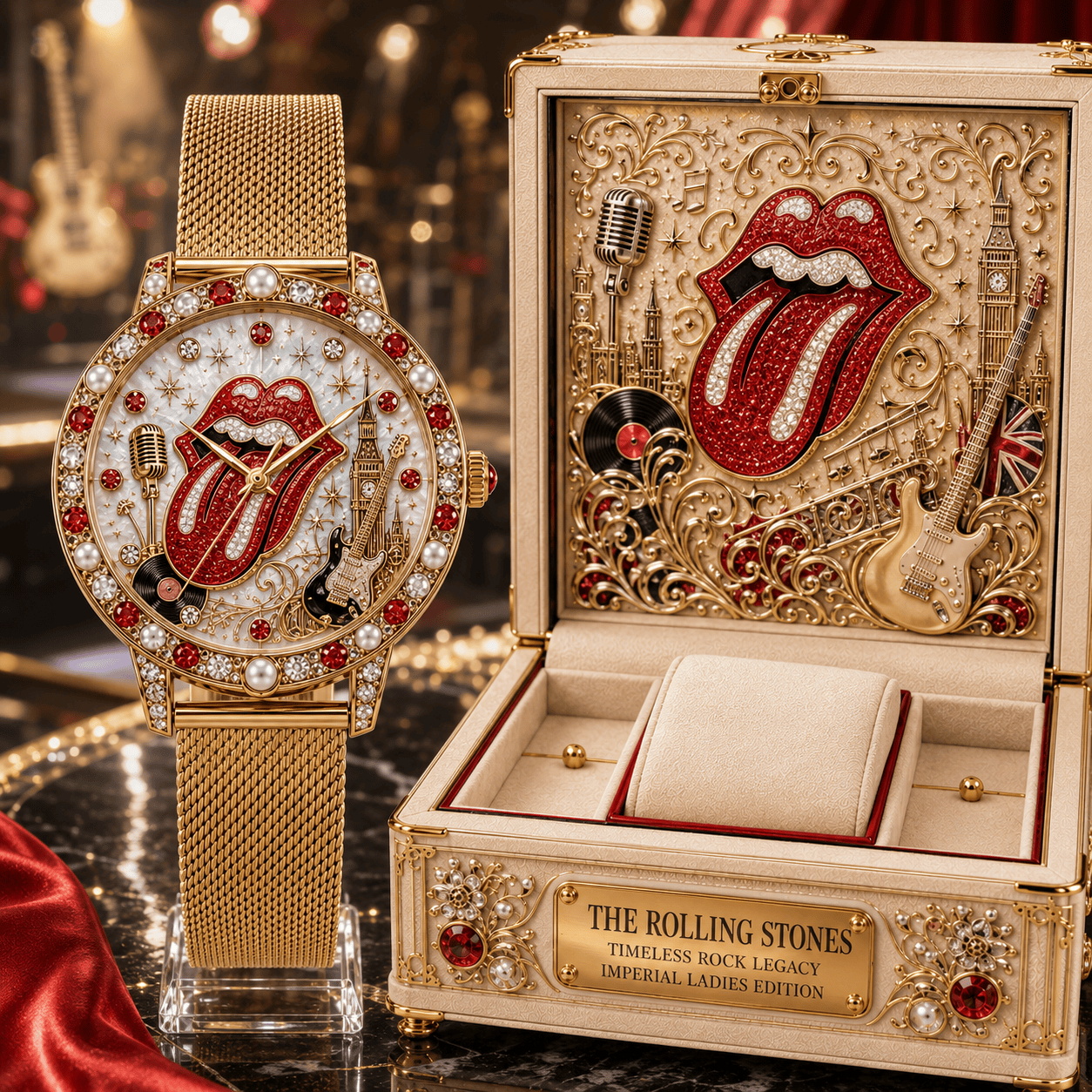 Montre Femme Dorée avec Perles & Cristaux - Édition Rolling Stones