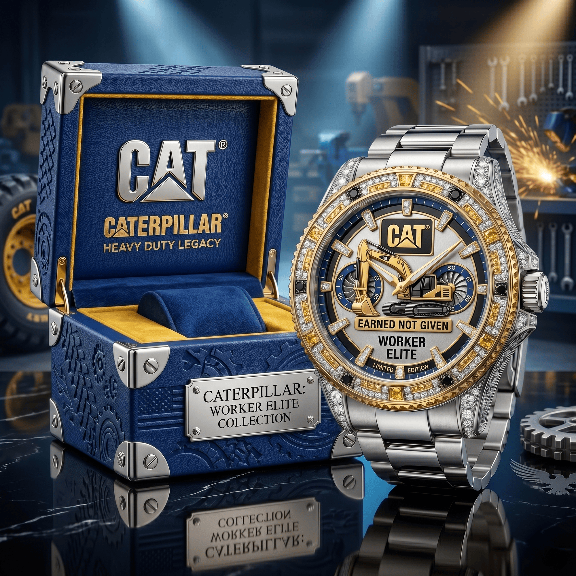 Montre Argentée avec Cristaux Jaunes - Édition Caterpillar