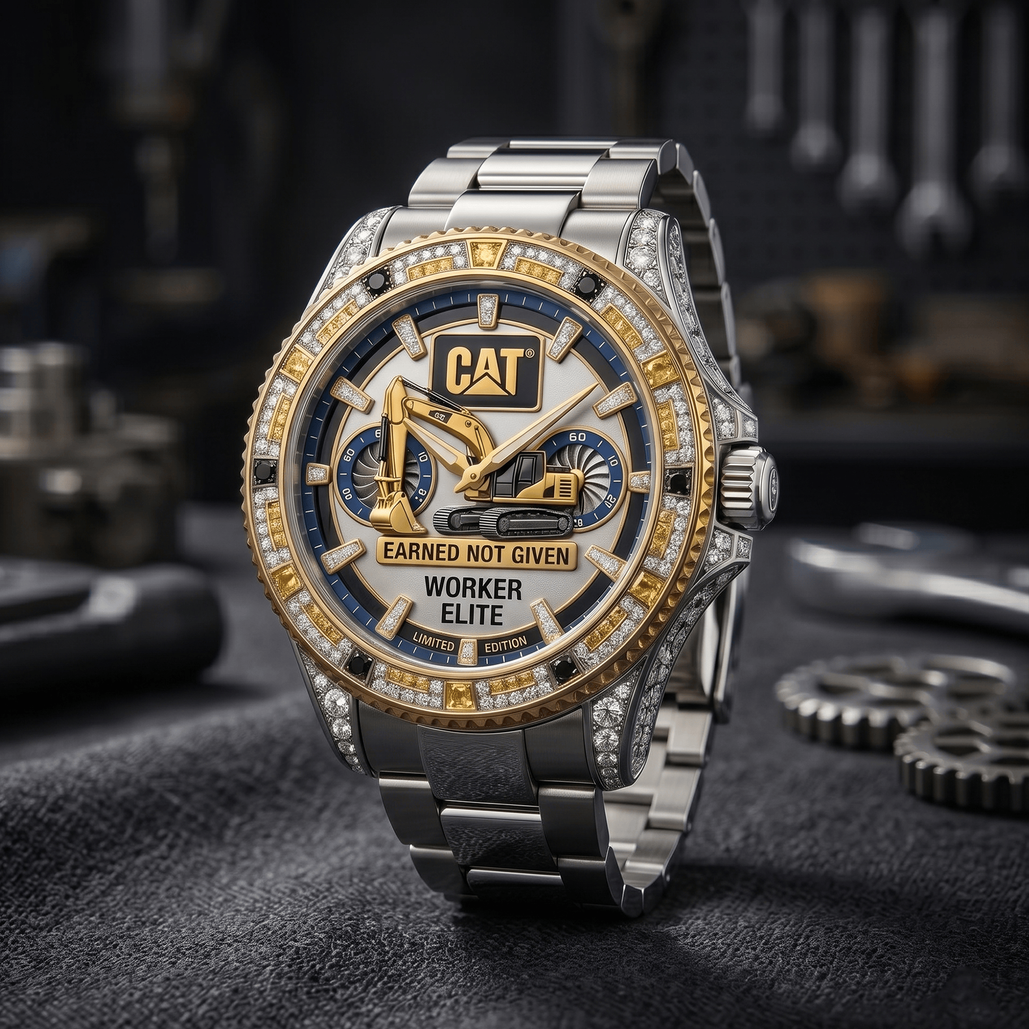 Montre Argentée avec Cristaux Jaunes - Édition Caterpillar