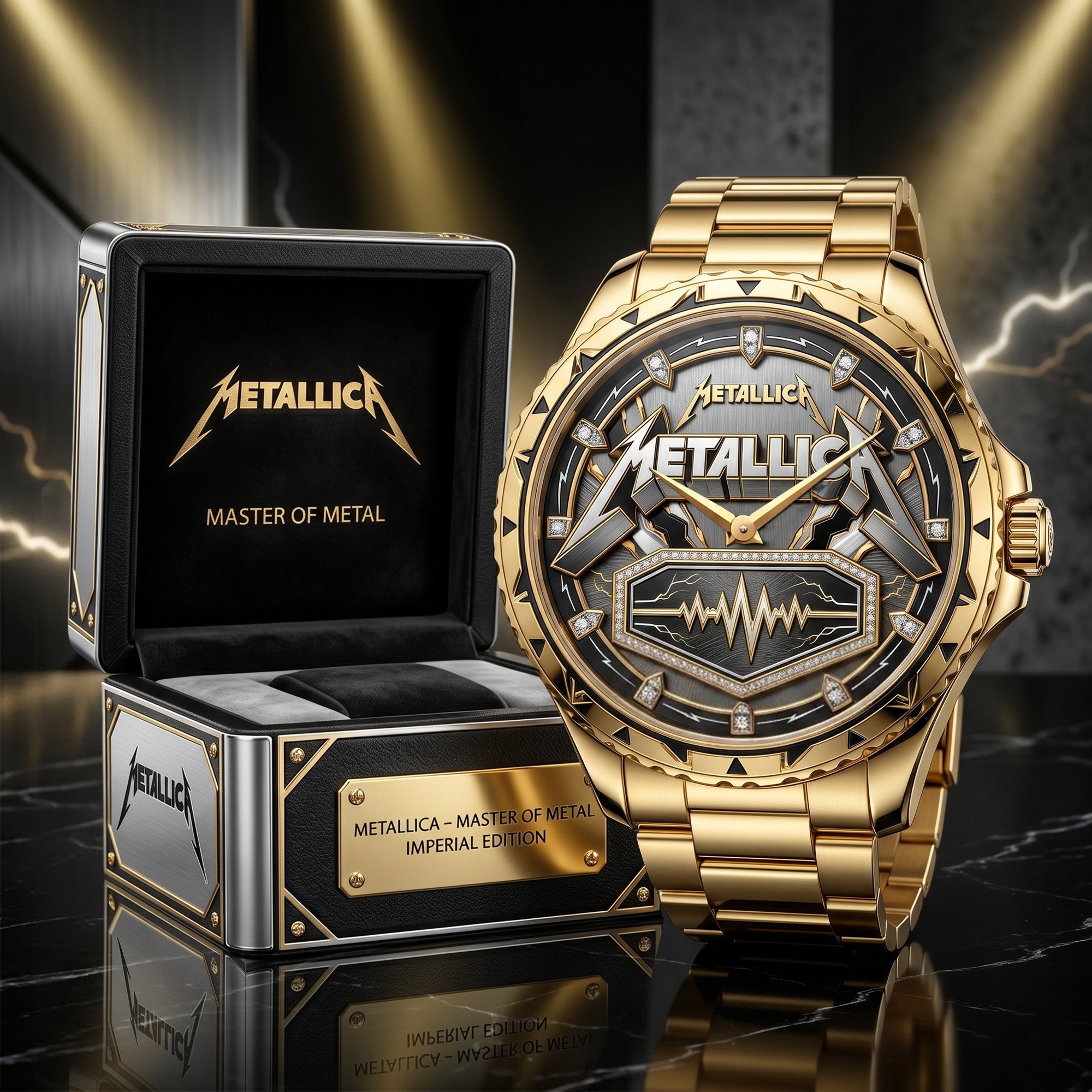 Montre de Luxe Dorée avec Éclairs - Édition Metallica