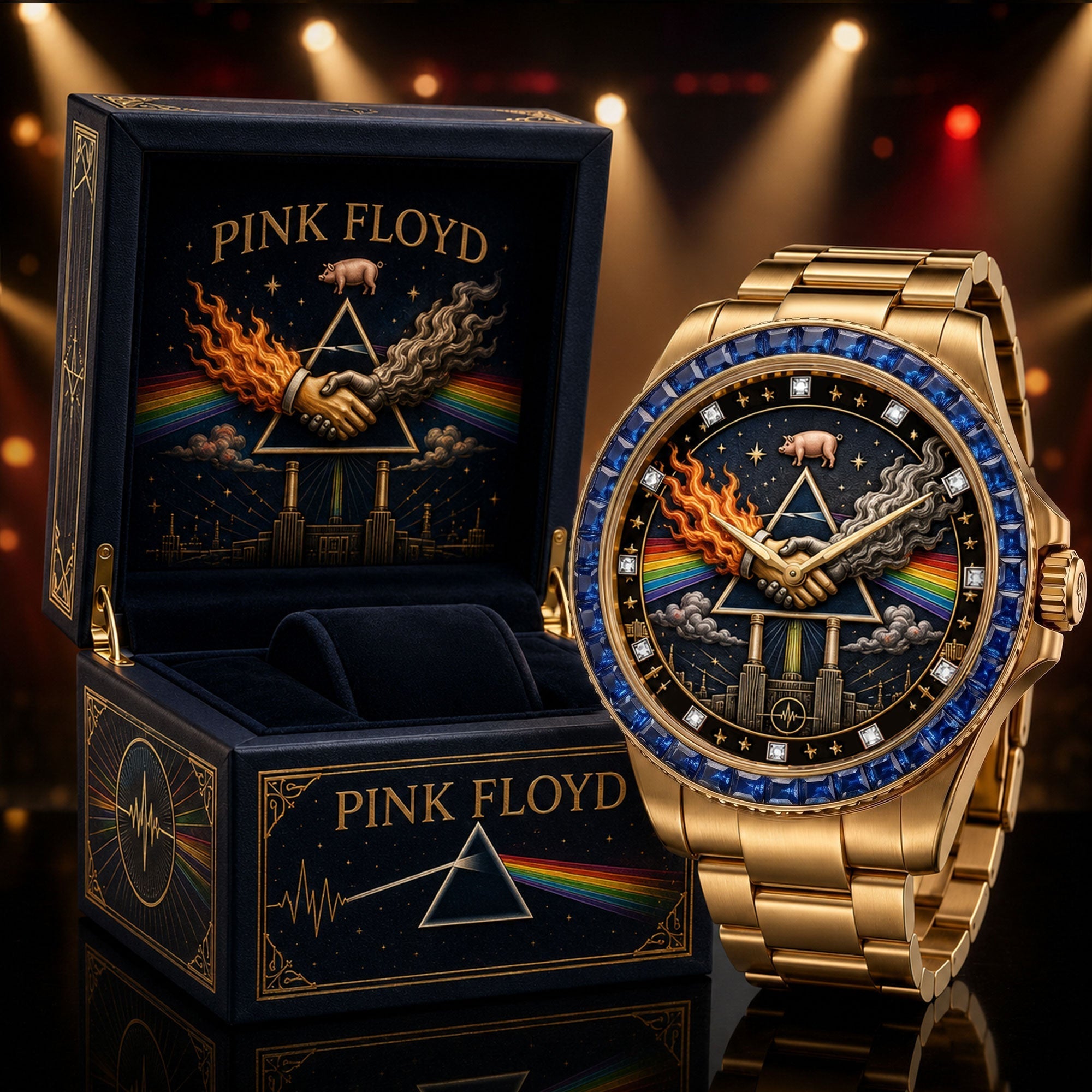 Montre de Luxe Dorée avec Saphirs - Édition Pink Floyd