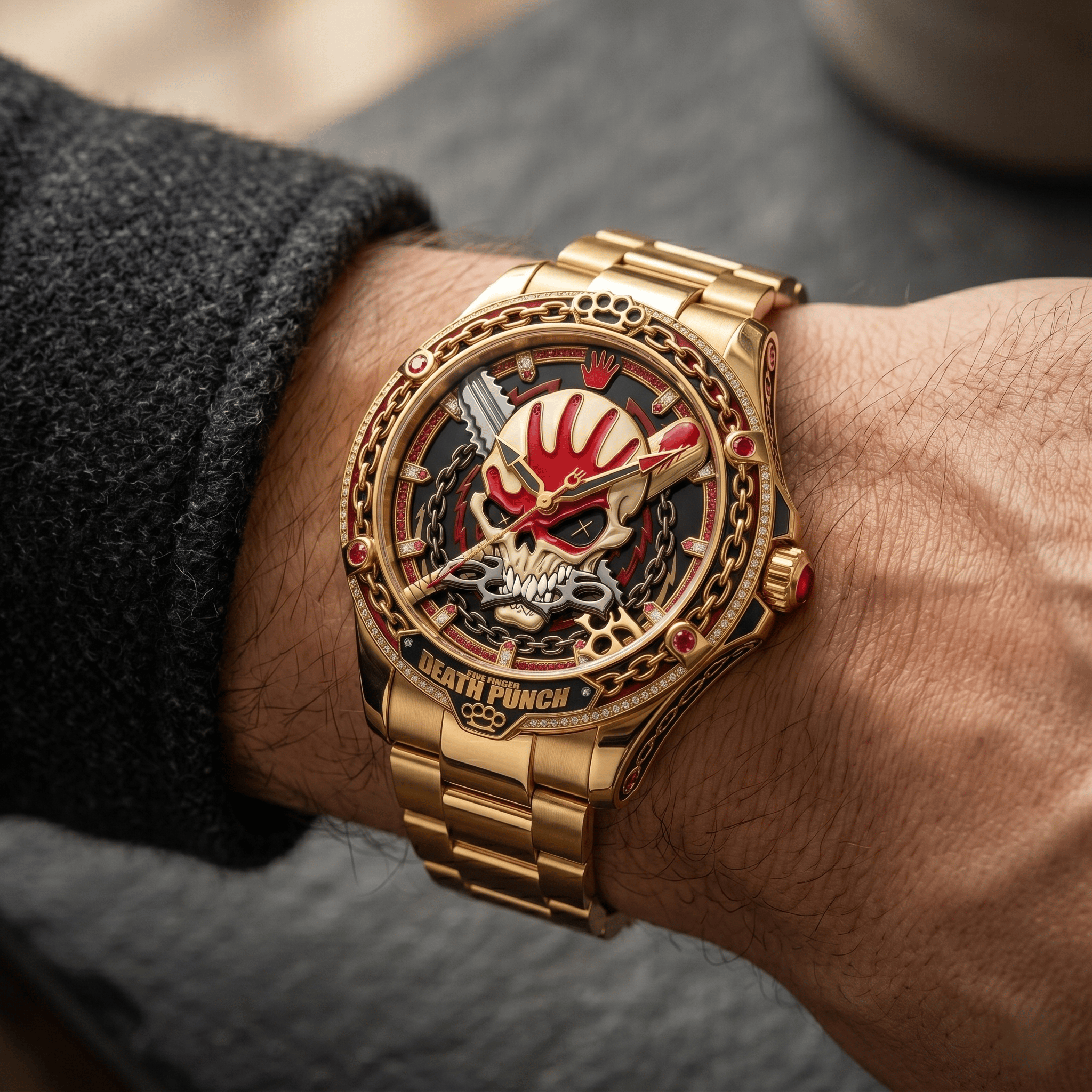 Montre de Luxe Dorée Tête de Mort - Édition Five Finger Death Punch