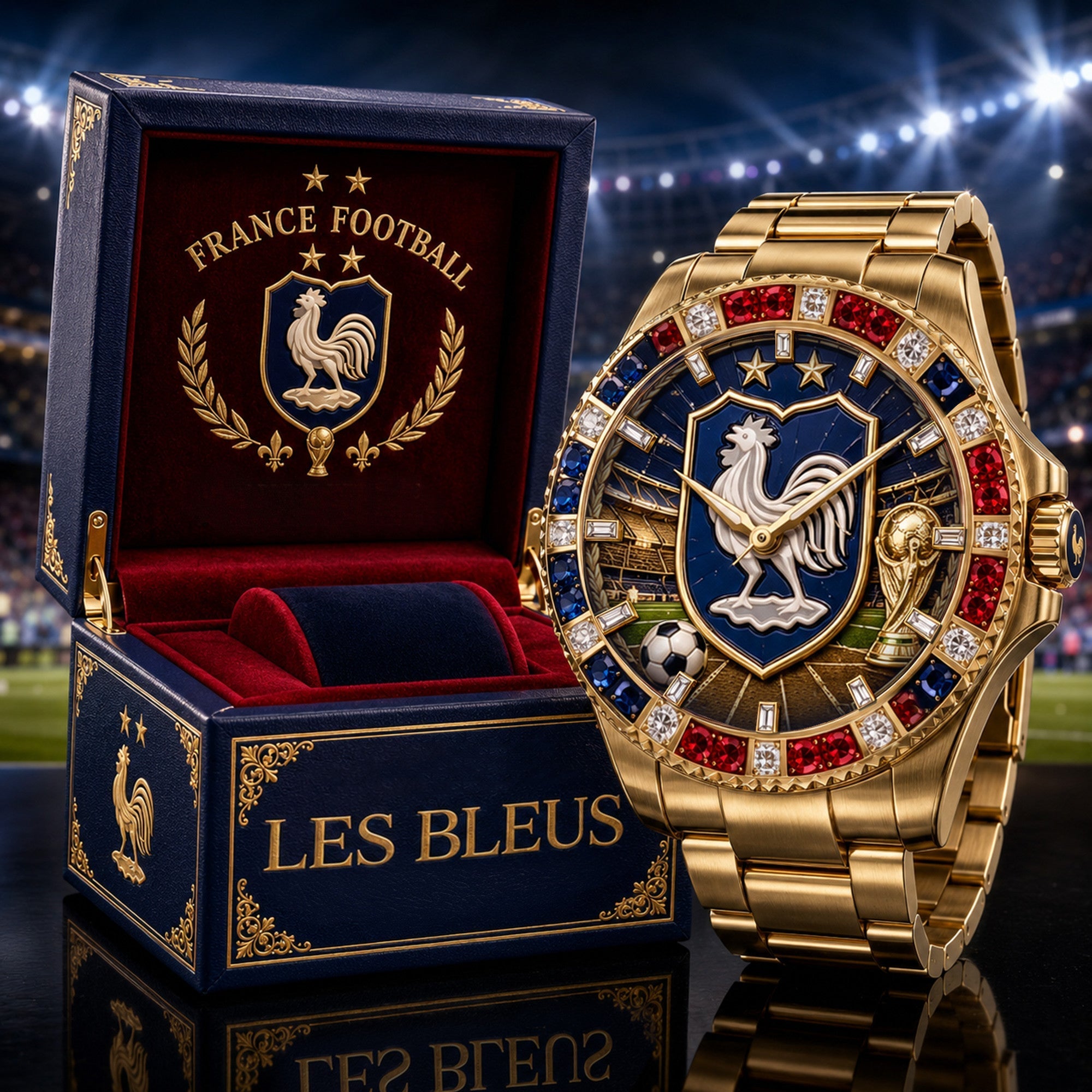 Montre de Luxe Dorée avec Rubis & Saphirs - Édition France Coupe du Monde 2026