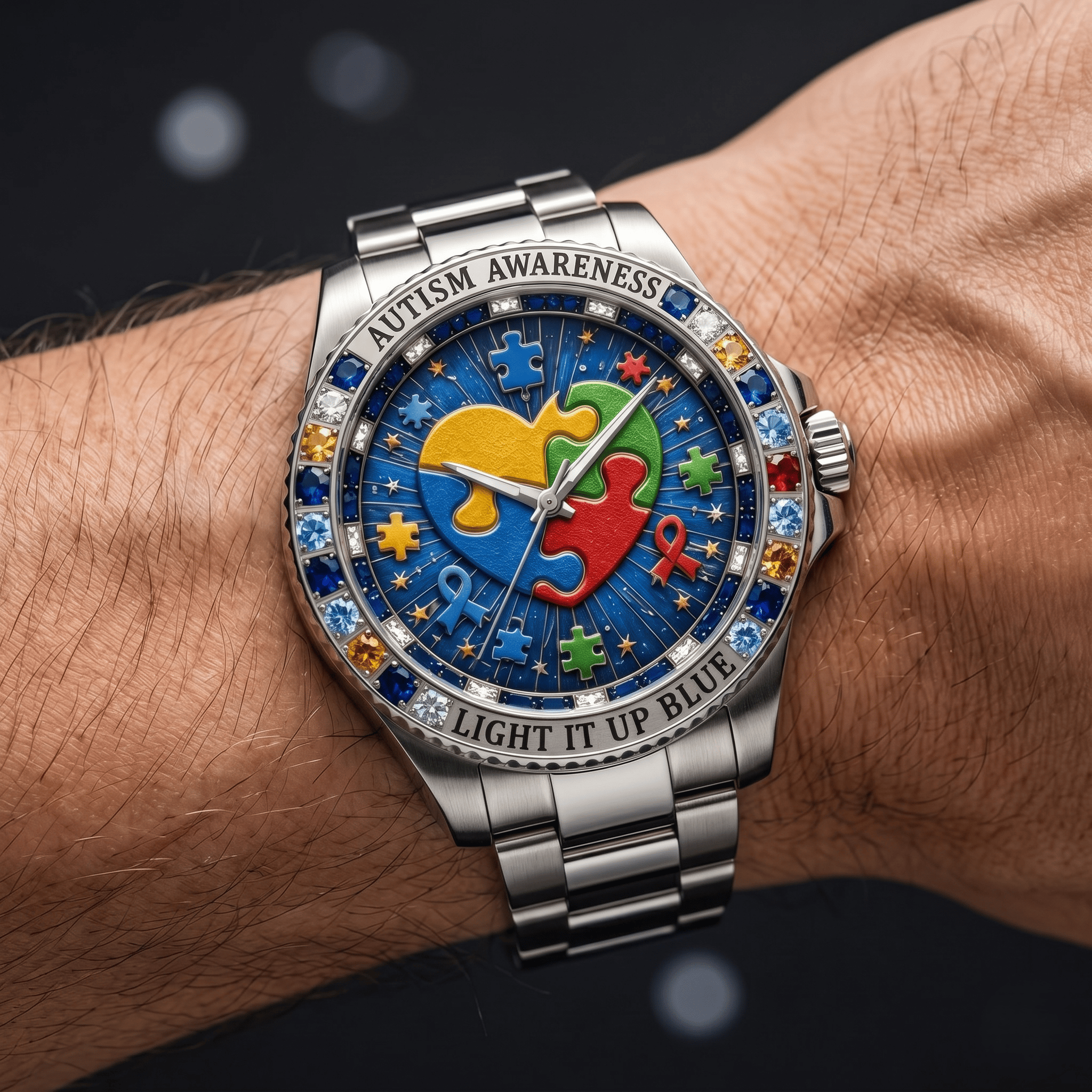 Montre Argentée Cœur Puzzle Multicolore - Édition Sensibilisation à l'Autisme