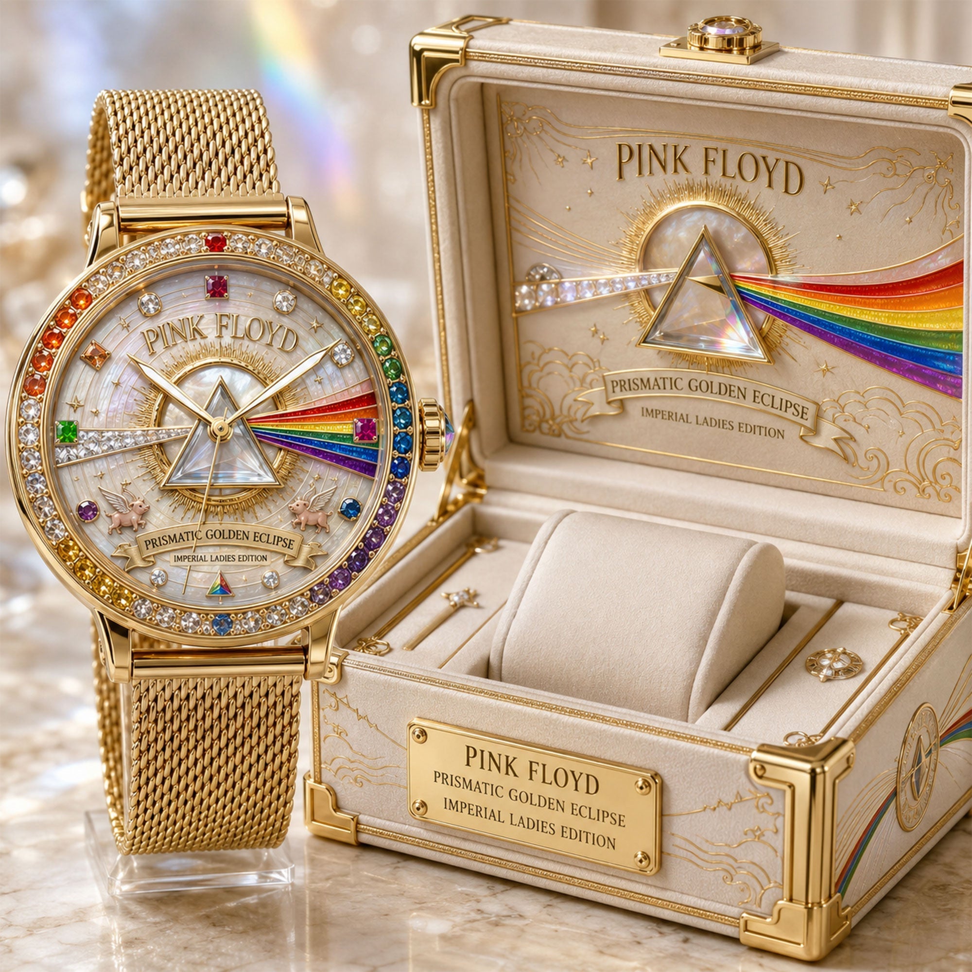 Montre Femme Dorée avec Cristaux Arc-en-Ciel - Édition Pink Floyd
