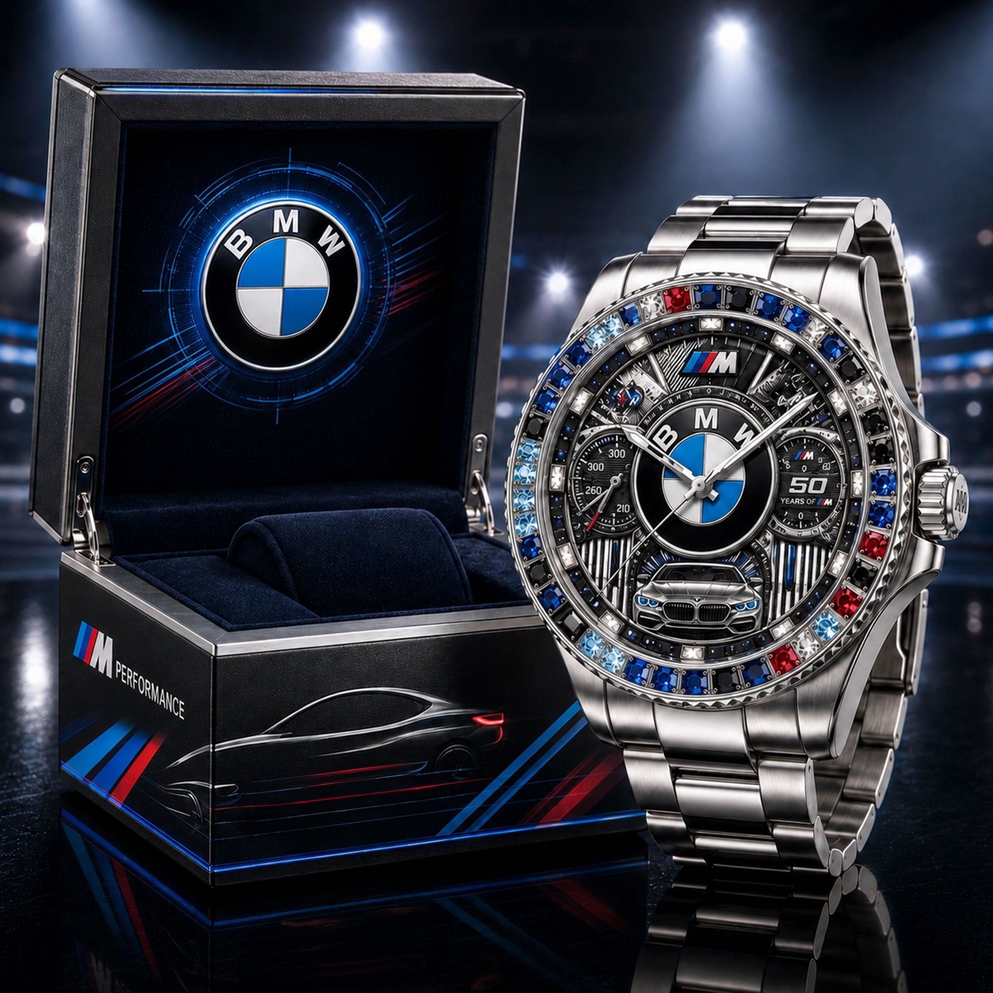 Montre Chronographe Argentée avec Cristaux - Édition BMW