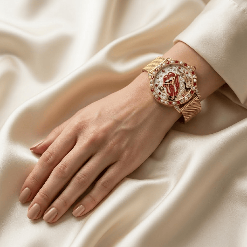 Montre Femme Dorée avec Perles & Cristaux - Édition Rolling Stones