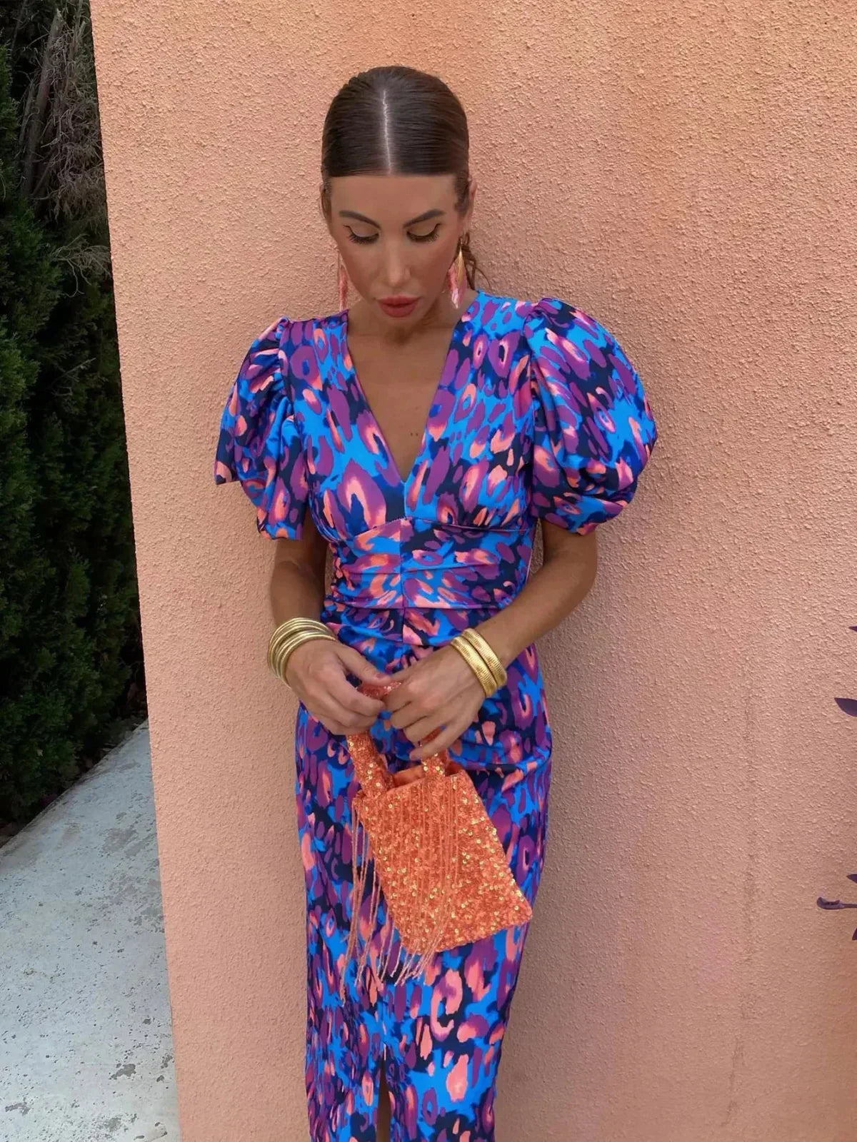 Arielle™ | Colourful Midi Dress for Women with Pleated Sleeves